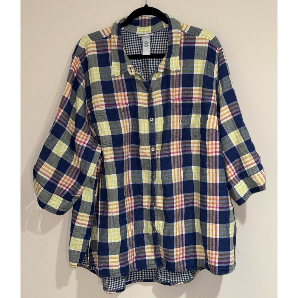 Catherines Top Shirt Plaid w/ Gingham Pattern Inside 3/4 Sleeve 100% Cotton 4X